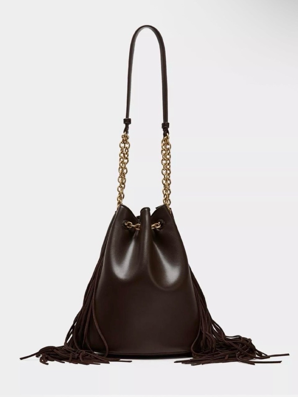 Zara Dark Brown Fringe Bucket Bag with Gold Chain Strap